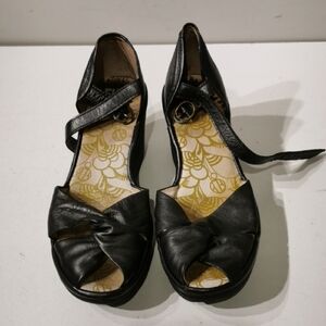 FLY LONDON Yuka Wedge Heel Peep Toe Ankle Strap Leather Sandals